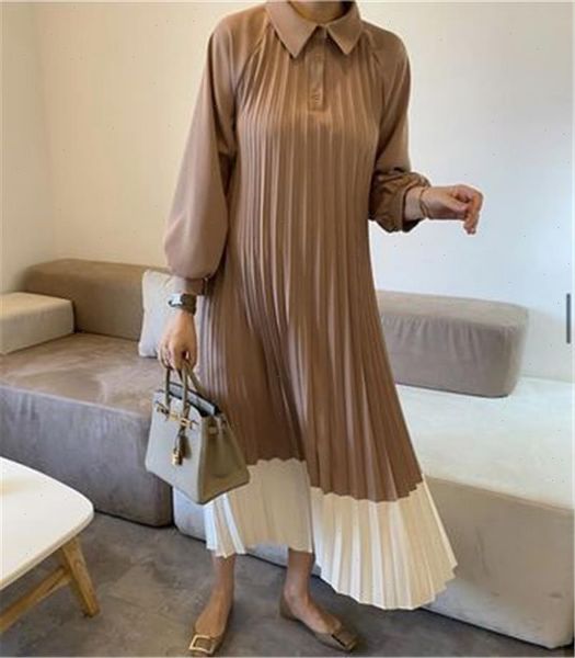 

chic dress for women lapel collar long latern sleeve loose oversized patchwork pleasted vestidos largo female fashion clothes, Black;gray