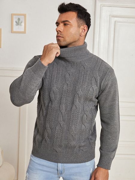 

extended sizes men cable knit turtleneck sweater p9dz#, White;black