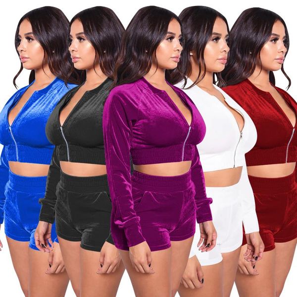 

zoctuo velvet two piece set autumn short zipper sweatshirts shorts pants suit tracksuit fitness club women's set outfits, Gray