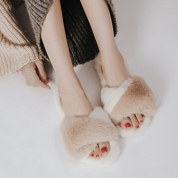 

winter flat fur slippers for women house flat shoes bedroom warm plush elegant fuzzy womens fluffy fur slides y1120, Black