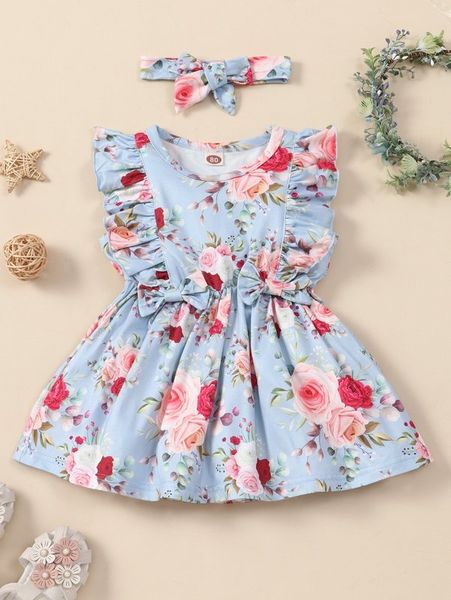 

baby floral print ruffle trim bow front dress with headband she, Red;yellow