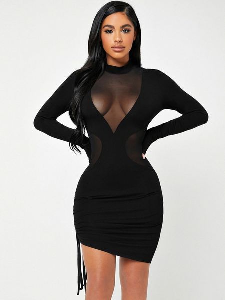 

sxy mock neck sheer mesh insert ruched knot bodycon dress u9s7#, Black;gray