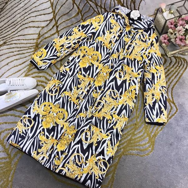 

11.8 vintage print long down overcoat women long sleeve turtleneck hooded keep warm down jacket outerwear designer winter new, Black