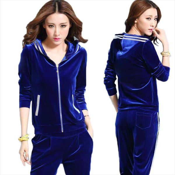 

new women velvet tracksuits spring casual hooded jacket trousers two sets gold velvet sportswear suit plus size female pants set, Gray
