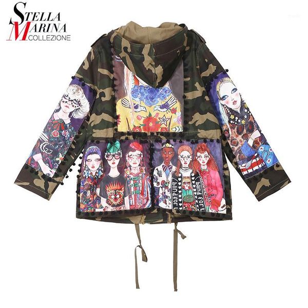 

women's jackets 2021 korean style women oversized camouflage hoodie jacket coat string & printed patches lady casual windbreaker 38611, Black;brown