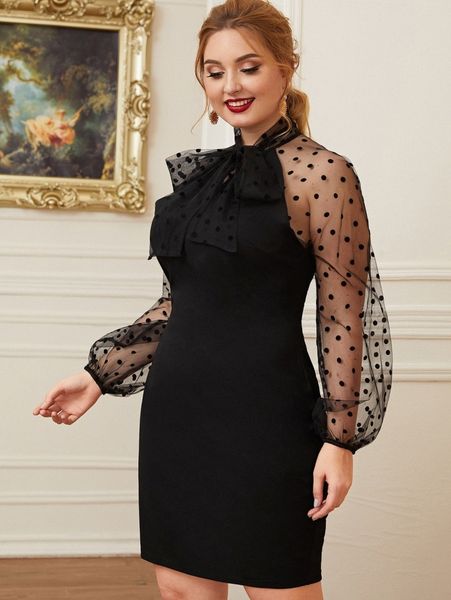 

plus tie neck dobby mesh raglan sleeve dress n8tk#, Black