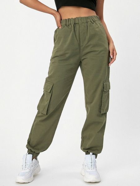 

flap pocket elastic waist jeans h7vh#, Blue