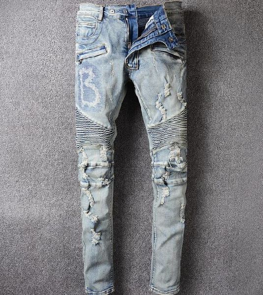 

ins men distressed ripped skinny jeans fashion mens jeans slim motorcycle moto biker causal mens denim pants hip hop men jeans, Blue
