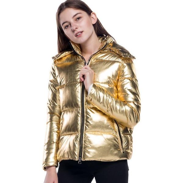 

women's jackets female laser metallic gold color jacket women bread style luxury shiny windbreaker hooded coat thick cotton padded outw, Black;brown