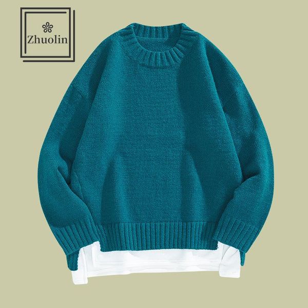 

zhuolin large men's knitted sweater men's solid color sweater pullover loose korean round neck casual clothing, White;black