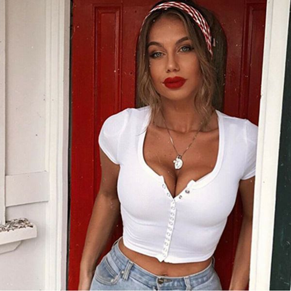 

2019 summer women's v neck cotton short sleeve vest casual crop t-shirt shirt, White