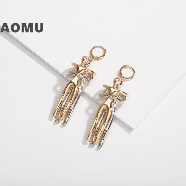 

aomu 2021 new trend fashion couple hugging gold hit color metal geometric long drop earrings for women party travel jewelry, Silver