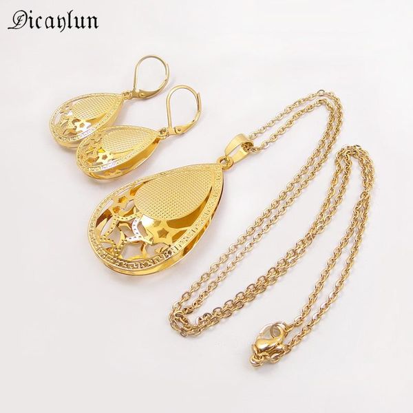 

water drop earrings necklace jewelry sets geometric stainless steel hollow waterdrop pendant three star gold color for women, Silver