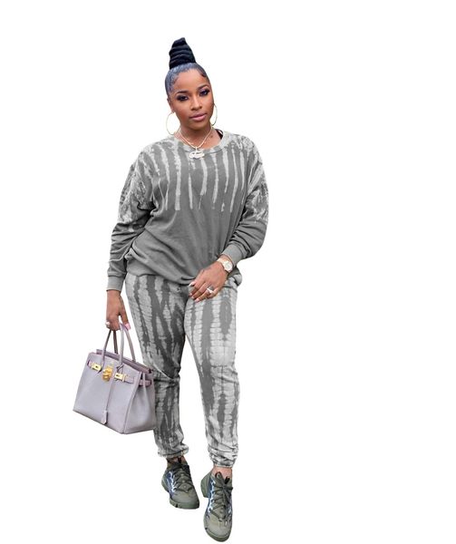 

women tie dye sport suit gradient crew neck long sleeve tshirt pencil pants ladies loose two piece pants, White