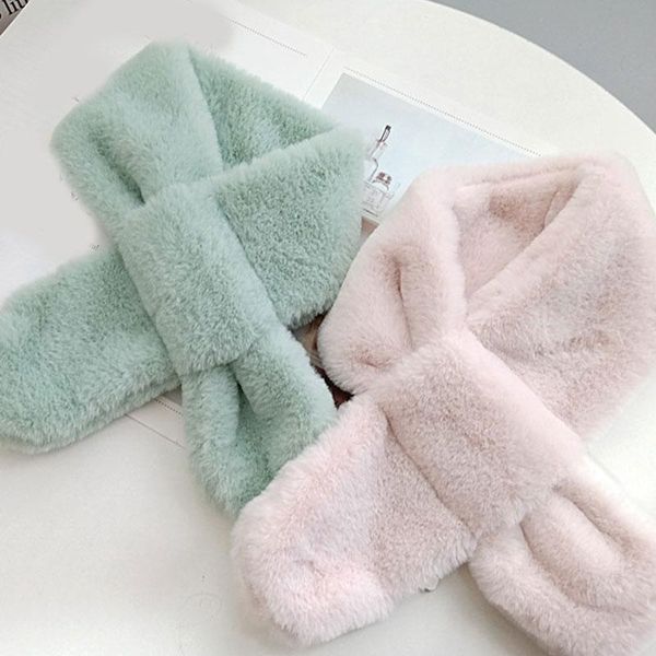 

scarves solid color kids plush scarf furry soft neckerchief faux fur cross children boys girls warm collar neck warmer, Blue;gray