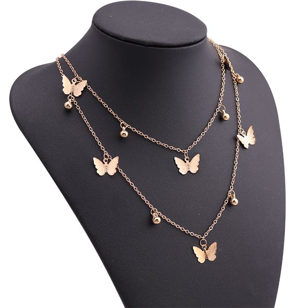 

new fashion small ball beads animal butterfly necklaces for women gold color double layer chain necklaces femme bijoux collare, Silver
