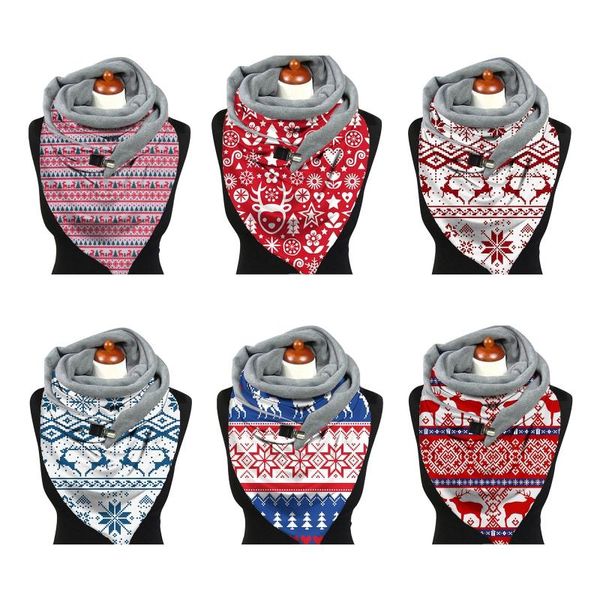

women winter warm scarf christmas elk snowflake print neck warmer snood with clip thermal blanket button shawl wrap scarves, Blue;gray