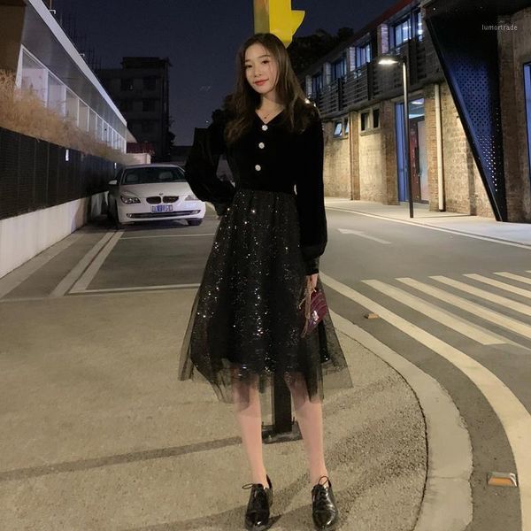 

casual dresses fall spring v-neck velvet dress black solid diamond button long sleeve knee length chic elegant party mesh sequined1, Black;gray