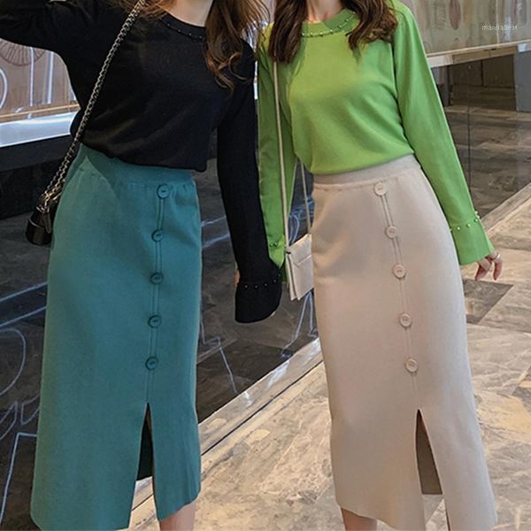 

ailegogo 2020 new women skirt autumn winter knitting split buttons high waist package hip eelegant ladies midi skirt sk31011, Black