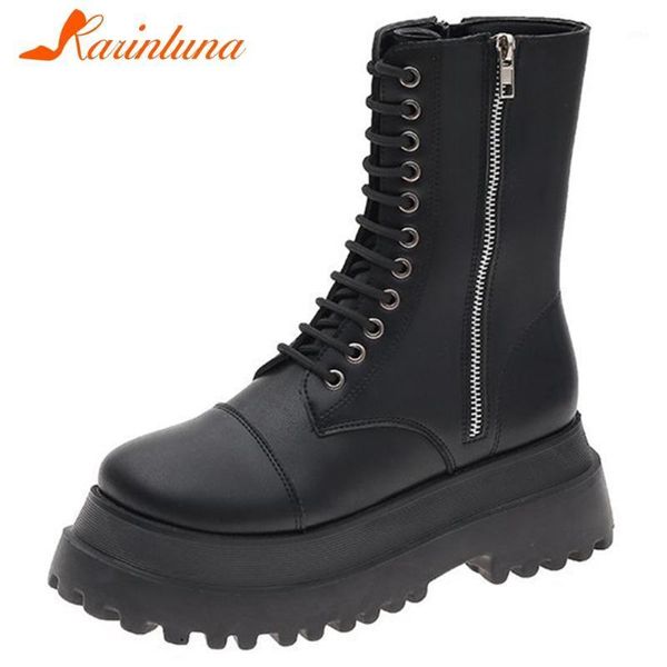 

boots karin brand female 2021 concise round toe zip shoelace thick sole flat platform women ankle shoes1, Black