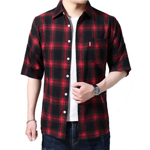 

men's short-sleeved loose shirt large size fashion plaid shirt, White;black