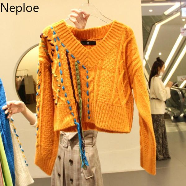 

neploe contrast color patch pullover sweater loose crazy style v neck lacing tassel jersey sueter short knit pull femme 477541, White;black