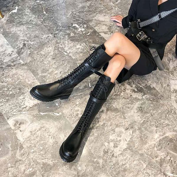 

krazing pot genuine leather lace up med heels round toe punk superstar equestrian buckle fasteners over-the-knee boots l35 y200115, Black