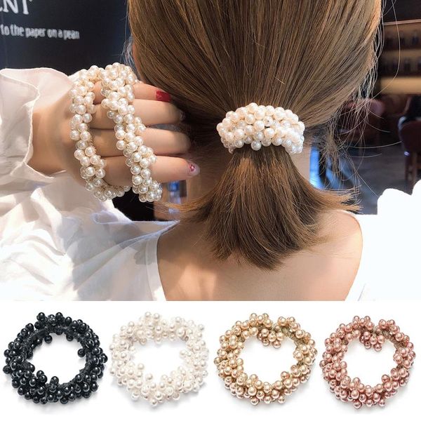 

women hair rubber band rope elastic girls scrunchie ponytail holder pearl beads women hair bands ties hair accessories h wmtquj, Black;brown