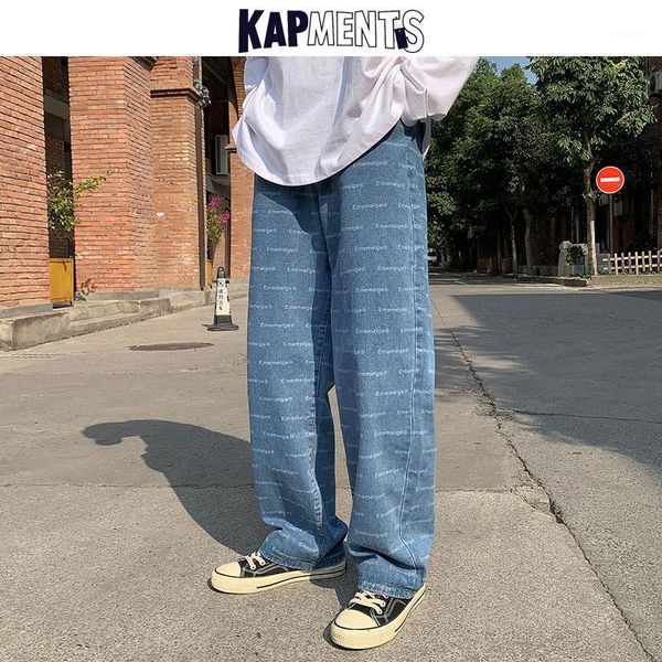 

kapments denim pants men hongkong fashions baggy pants 2020 winter mens streetwear letter printed jeans man wide leg1, Blue