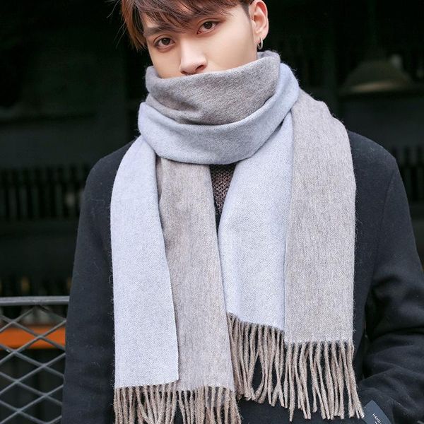 

scarves two-sided available double-colored 100% wool scarf men 2021 warm shawls and wraps male solid muffler winter pure, Blue;gray