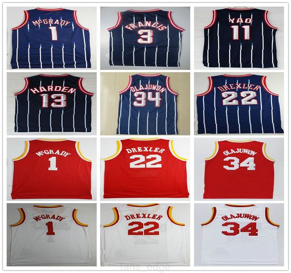 

retro vintage classic basketball 13 harden jerseys hakeem 34 olajuwon tracy steve mcgrady francis yao clyde ming drexler high quality, Black;red