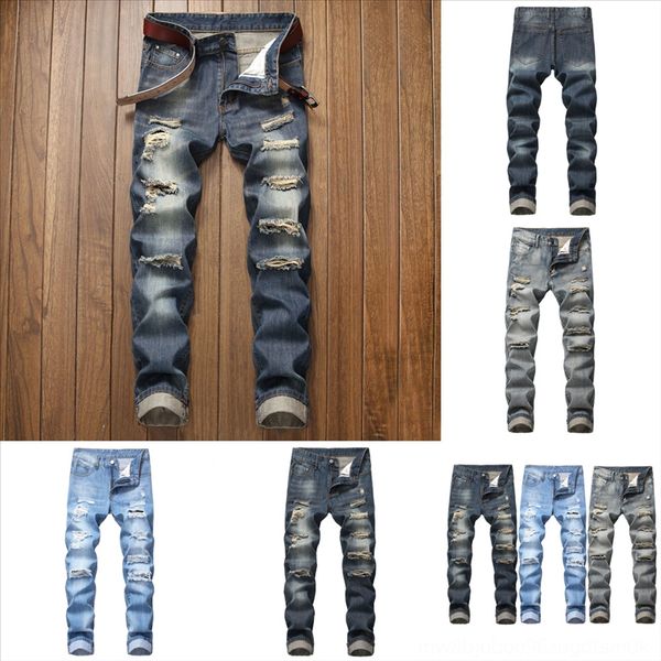

orhpx moomphya men destroy ripped wear men jeans trouser patchwork for man clothe pleated holes straight hole hip hop jeans distressed, Black