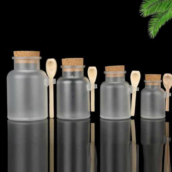 Contenitori per bottiglie cosmetiche in plastica smerigliata con tappo in sughero e cucchiaio Maschera per sale da bagno Bottiglie per l'imballaggio di crema in polvere Barattoli per trucco JXW758
