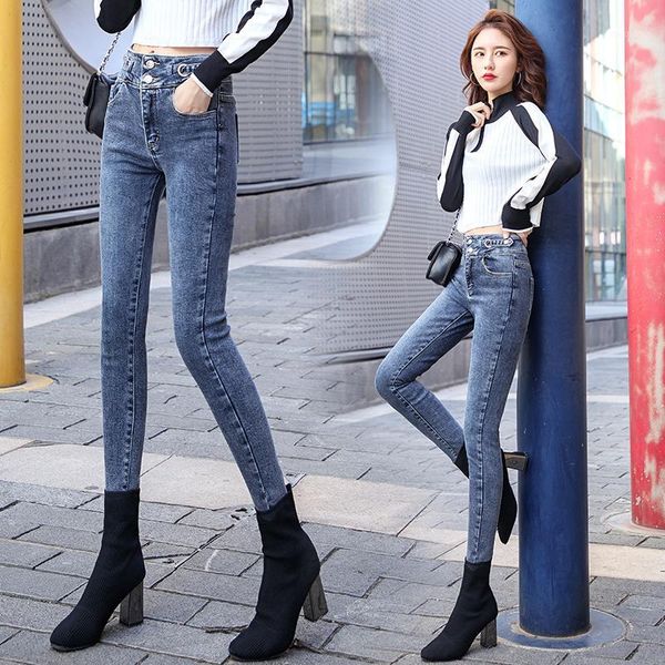 

the new female thin section tight spring feet tall waist elastic jeans trousers fashion pencil pants1, Blue