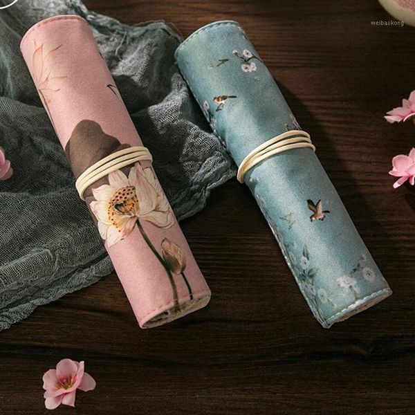 Bolsas de lápis de estilo chinês Multi-Purpose Pen Roll Wrap Rolling Travel Brush Bolsa Bolsa de Roll-Up Organizer com cinta de correia1
