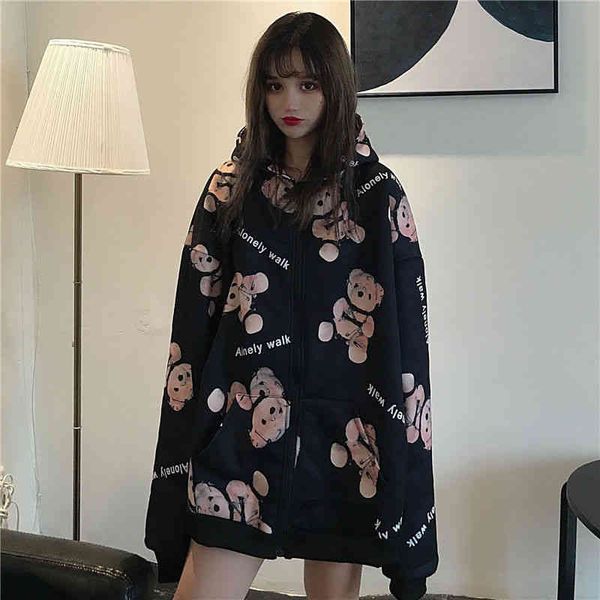 

women's sleepwear female bear hooded sweatshirt spring and autumn cardigan zipper couple brand jacket net red clothes kdrq, Black;red