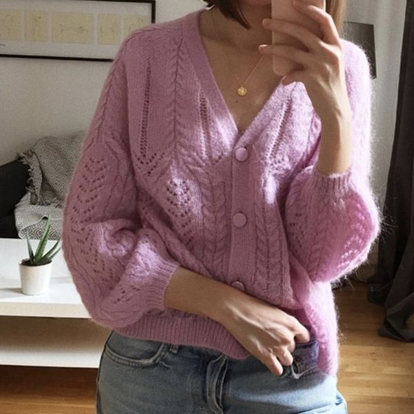 

four kind color women mohair knit sweater v-neck hollow out long puff sleeve loose cardigan single breasted knitwear coat new 201006, White;black