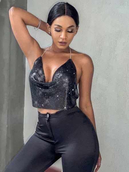 

cowl neck backless metallic chain halter o4ip#, White