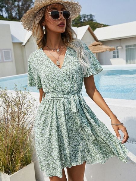 

all over floral print surplice neck belted dress 17t1#, Black;gray