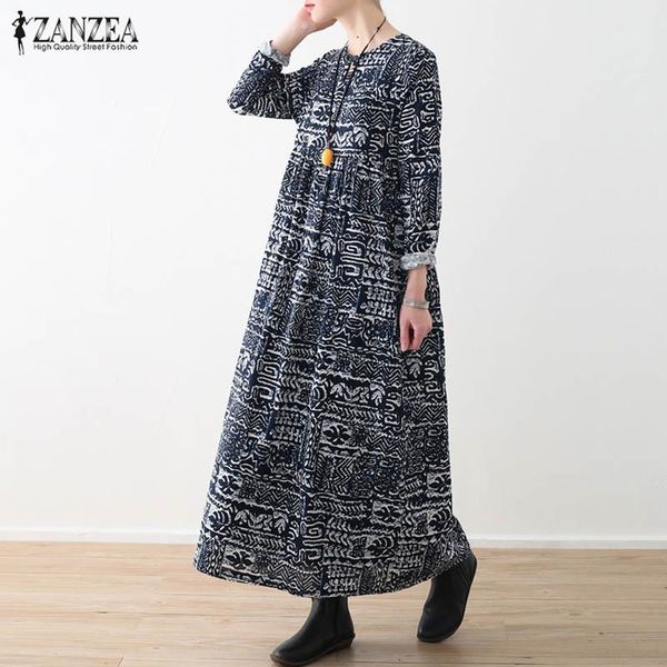 

zanzea 2020 vintage printed maxi dress women's sundress autumn casual long sleeve linen vestido female pleated o neck robe femme1, Black;gray
