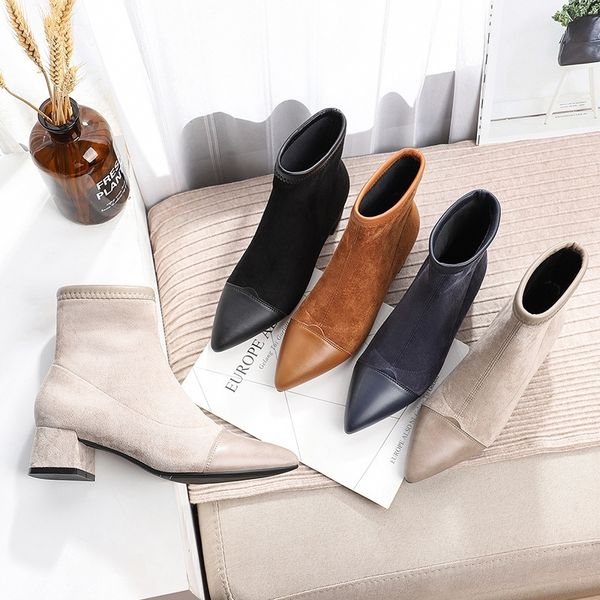 

women boots ankle short boots flock pointed toe square heels winter plush booties woman slip on martin boots black beige y200114