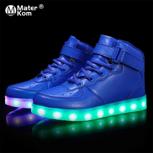 Tamanho 25-37 crianças LED USB carregando tênis brilhantes crianças gancho loop moda sapatos luminosos para meninas meninos sapatilhas com luz 220121