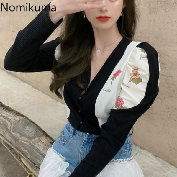 

nomikuma v neck long sleeve blouse women contrast color flower printed short single breasted vintage shirts blusas 3d224, White