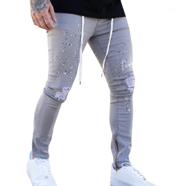 

hole sknny jeans men casual men clothing letter printed pencil pants men's jogger trousers casual denim pant jeans1, Blue