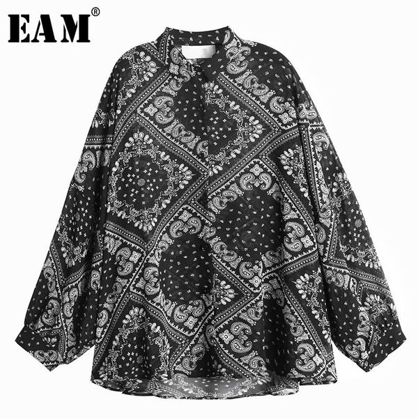 

[eam] women black patten printed big size blouse new lapel long sleeve loose fit shirt fashion tide spring autumn 2021 1y860, White