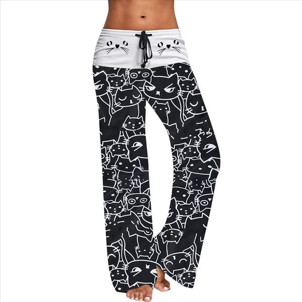 

black blocked wide leg pants women summer 2019 streetwear high waist pants elastic casual cat prints drawstring long trousers 5%, Black;white