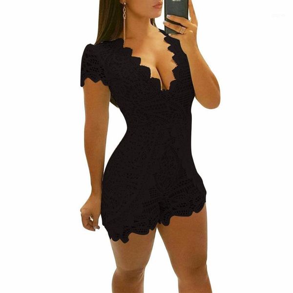 

hollow out lace playsuit v neck short sleeve slim summer overalls for women combishort femme ete body suit ez*1, Black;white