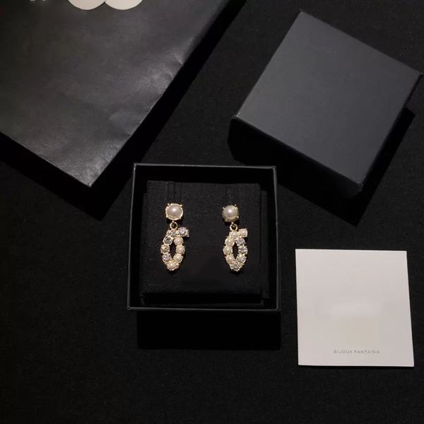 

new designer earrings classic double letter logo white diamond mosaic pearl earrings 925 silver needle l0-c22, Golden;silver
