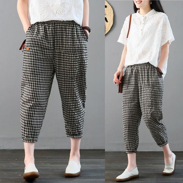 

women spring summer fashion japan style elastic waist cotton linen plaided ankle length harem pants office lady casual trousers, Black;white