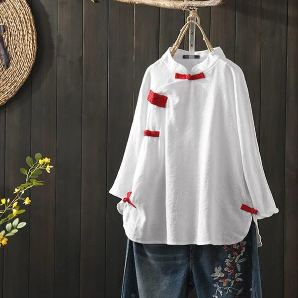 

womens autumn blouse 2021 zanzea elegant plate buttons shirts chinese style linen female solid blusas plus size tunic 5xl, White